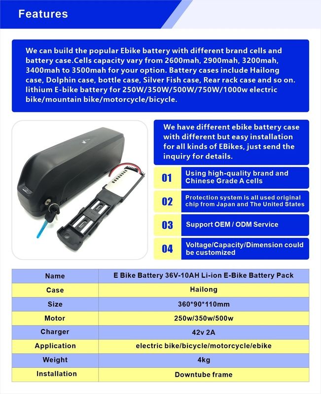 بطارية الدراجة الإلكترونية عالية الأداء لحالة Hailong 250w / 350w / 500w المحرك الأسود