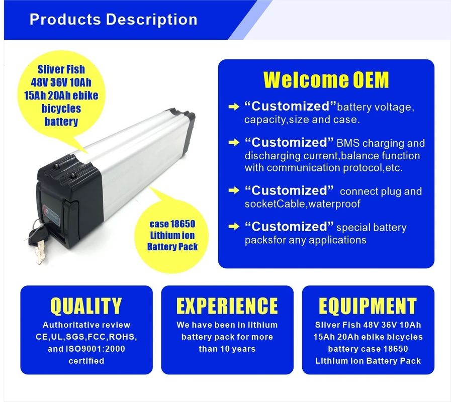 مصنع إينوك سليفر Fish 36v 10ah 250w بطارية الدراجة الكهربائية / بطارية الليثيوم لون بطارية حزمة / بطارية الدراجة الكهربائية